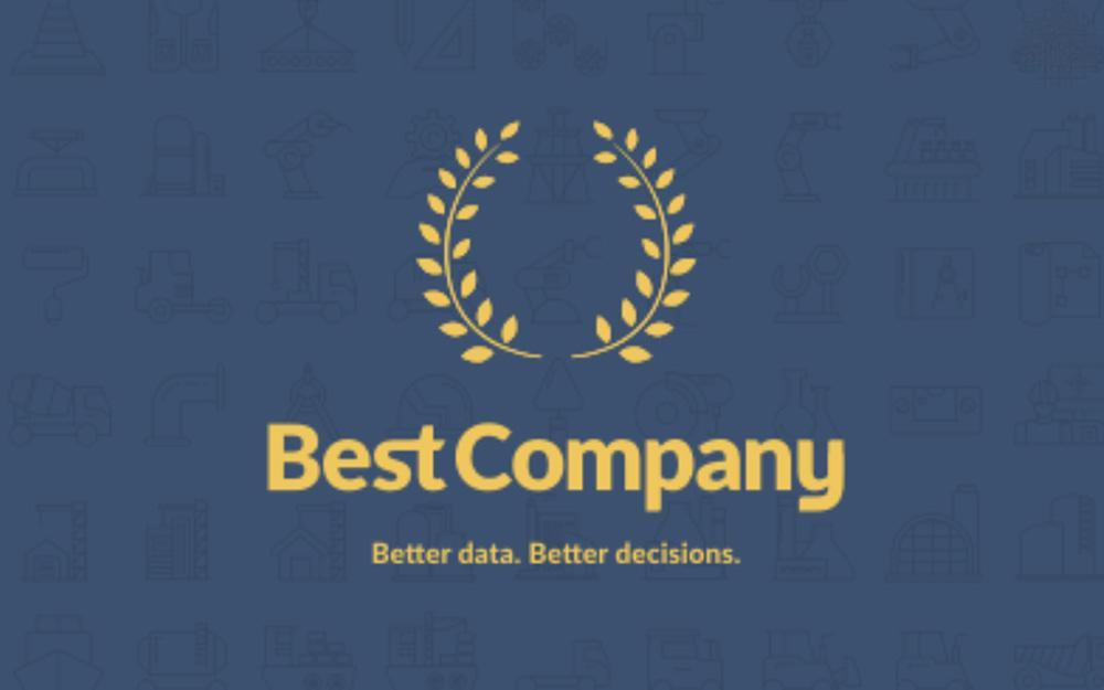 A gold laurel wreath surrounds the text Best Company in bold yellow letters, with the tagline Better data. Better decisions. beneath, set against a blue background with faint science-themed icons.