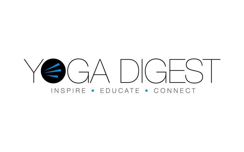 Yoga Digest logo with the words Inspire • Educate • Connect below. The O in Yoga has three blue lines inside, suggesting a burst or radiance. Text is black on a white background.