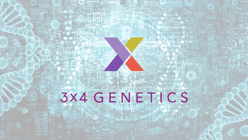 A colorful X logo above the text 3X4 GENETICS on a light blue background with DNA strands, circuit patterns, and a faint outline of a human figure.