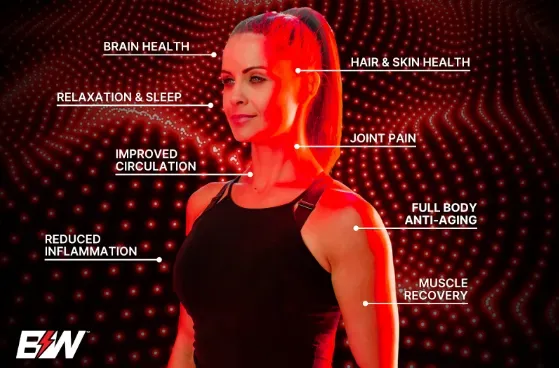 A woman stands in front of a red light pattern with labels pointing to her body, highlighting benefits such as brain health, relaxation, improved circulation, reduced inflammation, hair and skin health, joint pain relief, anti-aging, and muscle recovery.