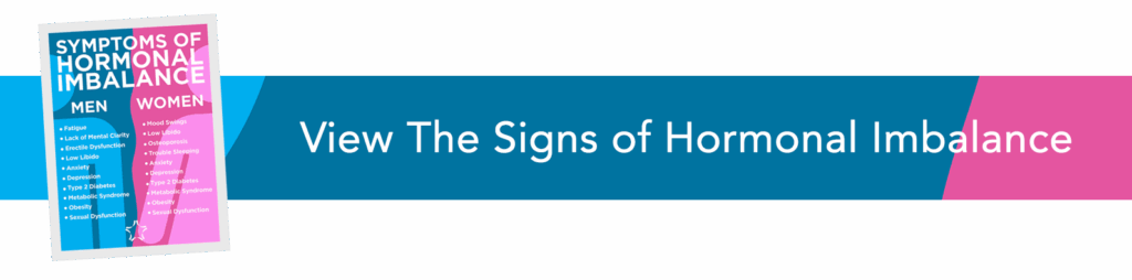 A graphic with a chart titled “Symptoms of Hormonal Imbalance” for men and women, next to a blue banner that says “View The Signs of Hormonal Imbalance.”.