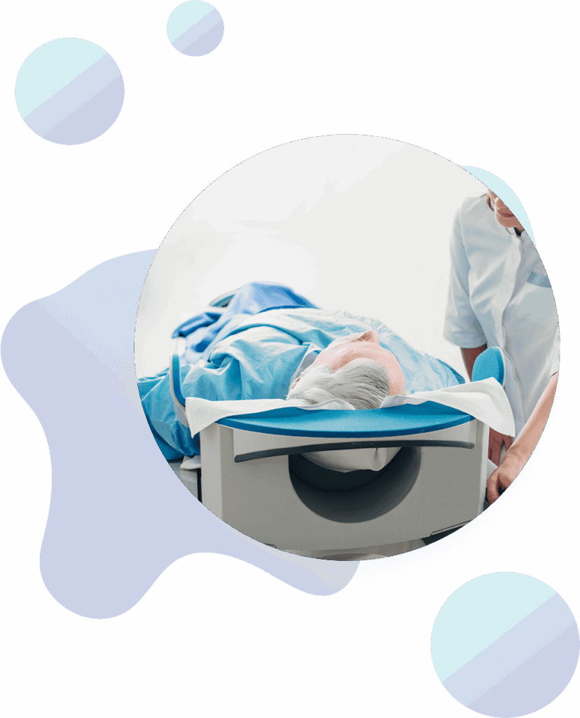 A patient lies on a medical scan table covered with a blue sheet, attended by a healthcare professional. The background features abstract pastel shapes.