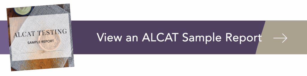A rectangular banner with a photo labeled ALCAT TESTING SAMPLE REPORT on the left and the text View an ALCAT Sample Report with a right arrow on a purple background on the right.