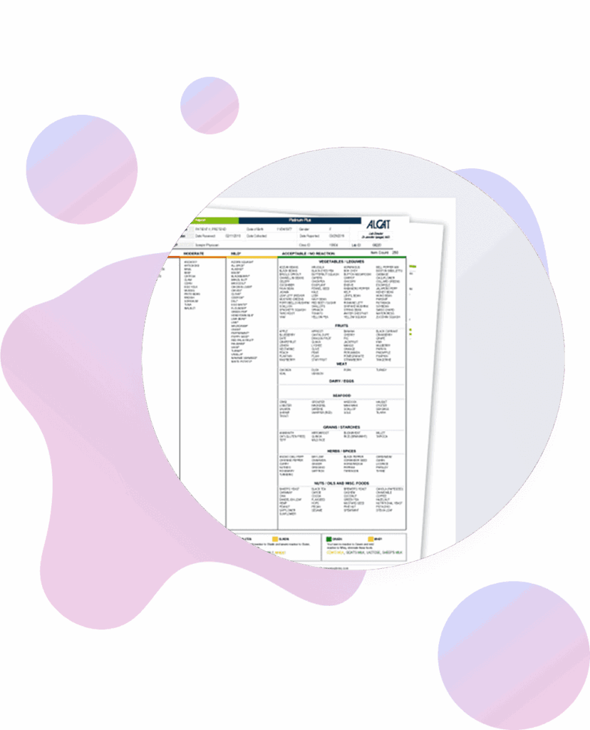 A document with tables and text, partially visible within a circular frame, over a white background with pink and purple abstract shapes.