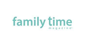 The logo features the words family time in lowercase, light teal letters, with the word magazine in smaller, spaced-out teal letters below and to the right, all on a white background.