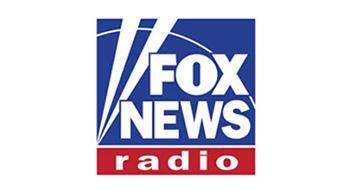 The Fox News Radio logo features FOX NEWS in bold white letters on a blue background with white lines above, and the word radio in lowercase white letters on a red bar below.