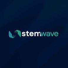Logo with teal and white wavy lines forming an abstract M shape, followed by the text stemwave (with stem in white and wave in teal) on a dark blue background.