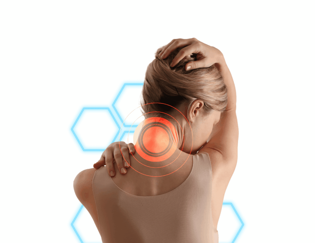 Woman holding the back of her neck and shoulder in pain, with a red target-like graphic highlighting the neck area, and blue hexagonal shapes in the background.