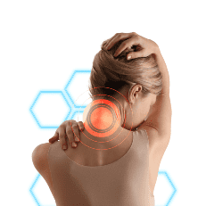A woman holds the back of her neck and shoulder, indicating pain, with a red target highlight on her neck and blue hexagon graphics in the background.
