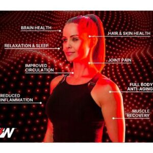 A woman stands under red light with labeled benefits around her, including brain health, hair & skin health, relaxation & sleep, improved circulation, joint pain, reduced inflammation, full body anti-aging, and muscle recovery.