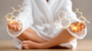 A person in a white bathrobe sits cross-legged, holding out their hands with glowing chemical structures digitally superimposed above their palms, symbolizing science or wellness.