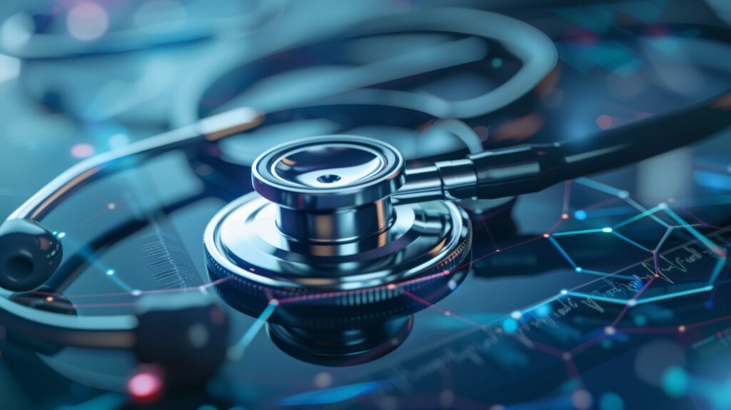 A stethoscope rests on a glass surface with digital medical charts and data graphics overlayed, symbolizing the intersection of healthcare and technology.