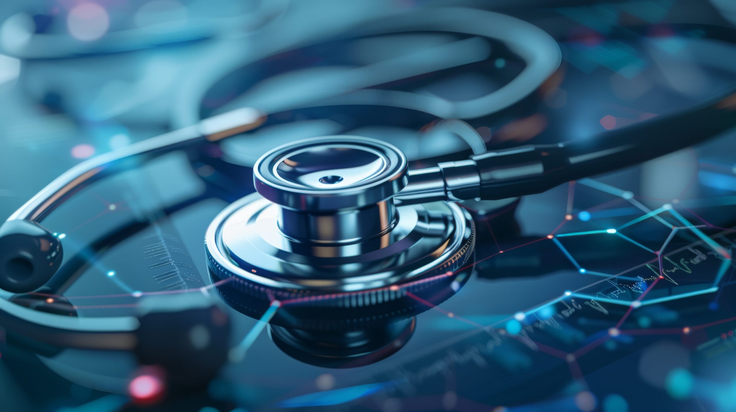 A stethoscope rests on a glass surface with digital medical charts and data graphics overlayed, symbolizing the intersection of healthcare and technology.