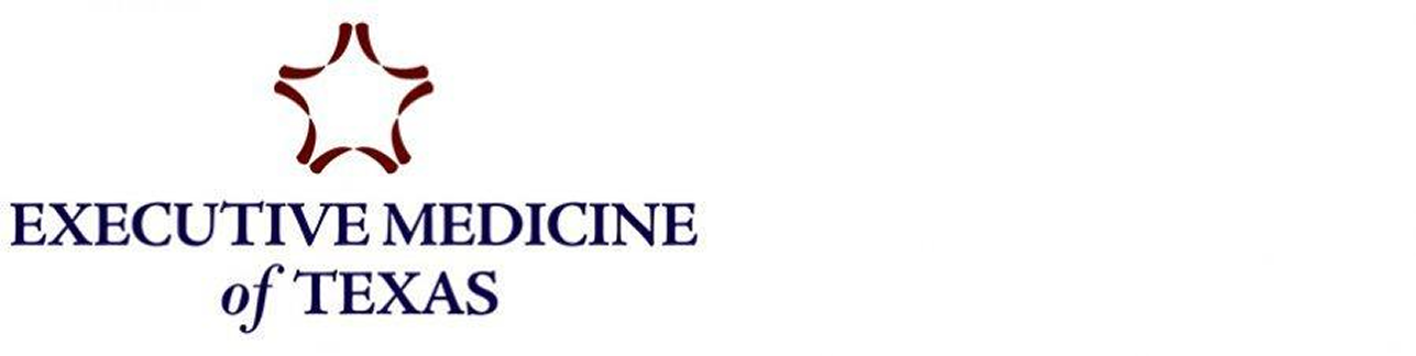 Logo of Executive Medicine of Texas featuring a stylized maroon star outline above the text Executive Medicine of Texas in dark blue on a white background.