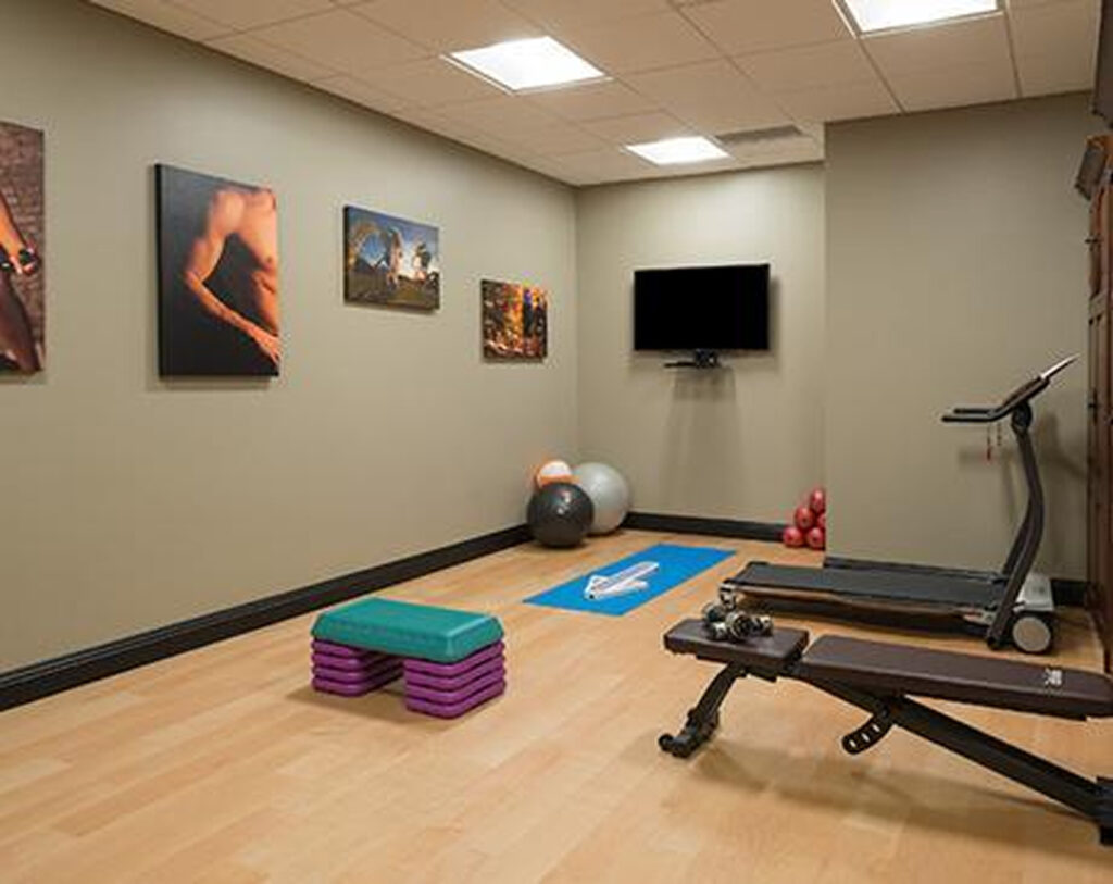 A small home gym with wood flooring, a treadmill, weight bench, yoga mat, step platform, exercise balls, dumbbells, wall-mounted TV, and fitness-themed artwork on the walls.