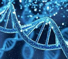 A close-up illustration of a DNA double helix, glowing in shades of blue with light particles and additional blurred DNA strands in the background.