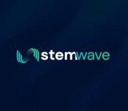 Logo with teal and white wavy lines forming an abstract M shape, followed by the text stemwave (with stem in white and wave in teal) on a dark blue background.