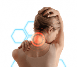 A woman holds the back of her neck and shoulder, indicating pain, with a red target highlight on her neck and blue hexagon graphics in the background.
